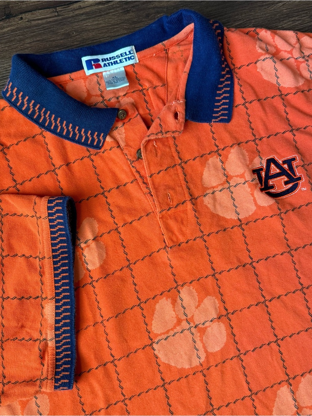 Vintage Auburn Tigers Polo Shirt Russell Athletic Paw Prints Size XL Orange Blue